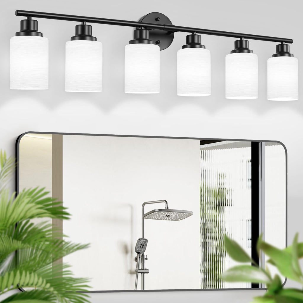 4-Light Brushed Nickel Vanity Lights for Mirror, Bathroom Light Fixtures with Textured Milky White Glass Shade, Modern Kitchen Light Fixtures Wall Sconce Light - E26 Base