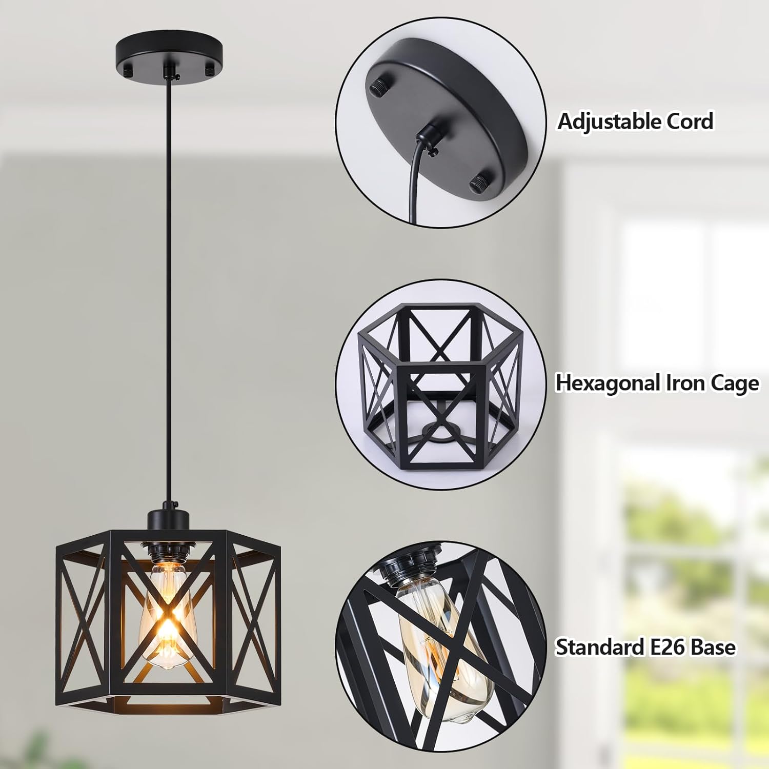 XSDeTu 2 Pack Farmhouse Pendant Lights, Modern Black Hanging Light Fixture with Hexagonal Cage, Industrial Metal Ceiling Lights, Adjustable Lantern Pendant Lighting for Kitchen Island Sink Hallway