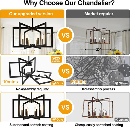 25"-61" Height Adjustable Modern Matte Black Chandelier for Dining Room, No Assembly Required Black Dining Room Light Fixture Over Table, Industrial Metal Pendant Lights Fixture for Kitchen Island