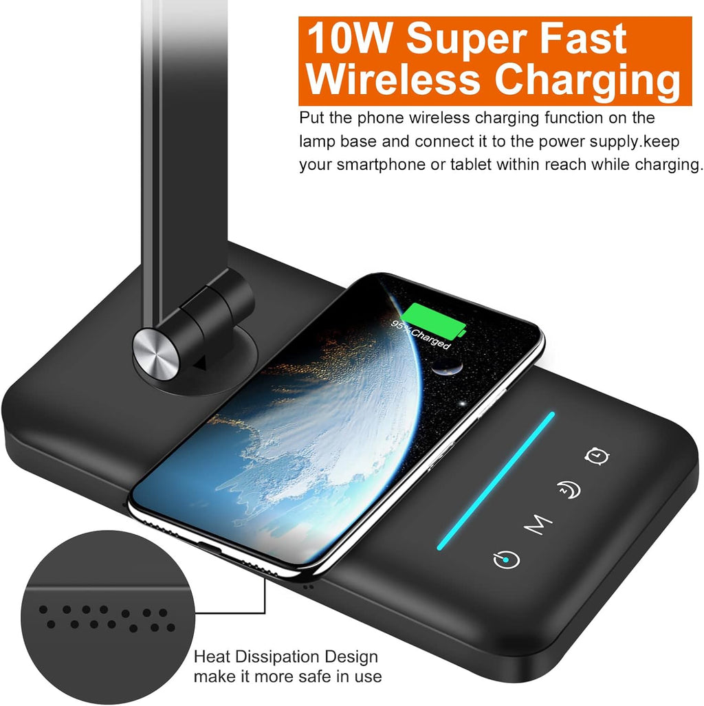 AFROG 8-in-1 LED Desk Lamp with 10W Fast Wireless Charger,USB Charging Port,Desk Lamps for Home Office,5 Color Mode 7 Brightness Desk Light Night Light,40Min Timer, Reading Table Lamp for Bedroom