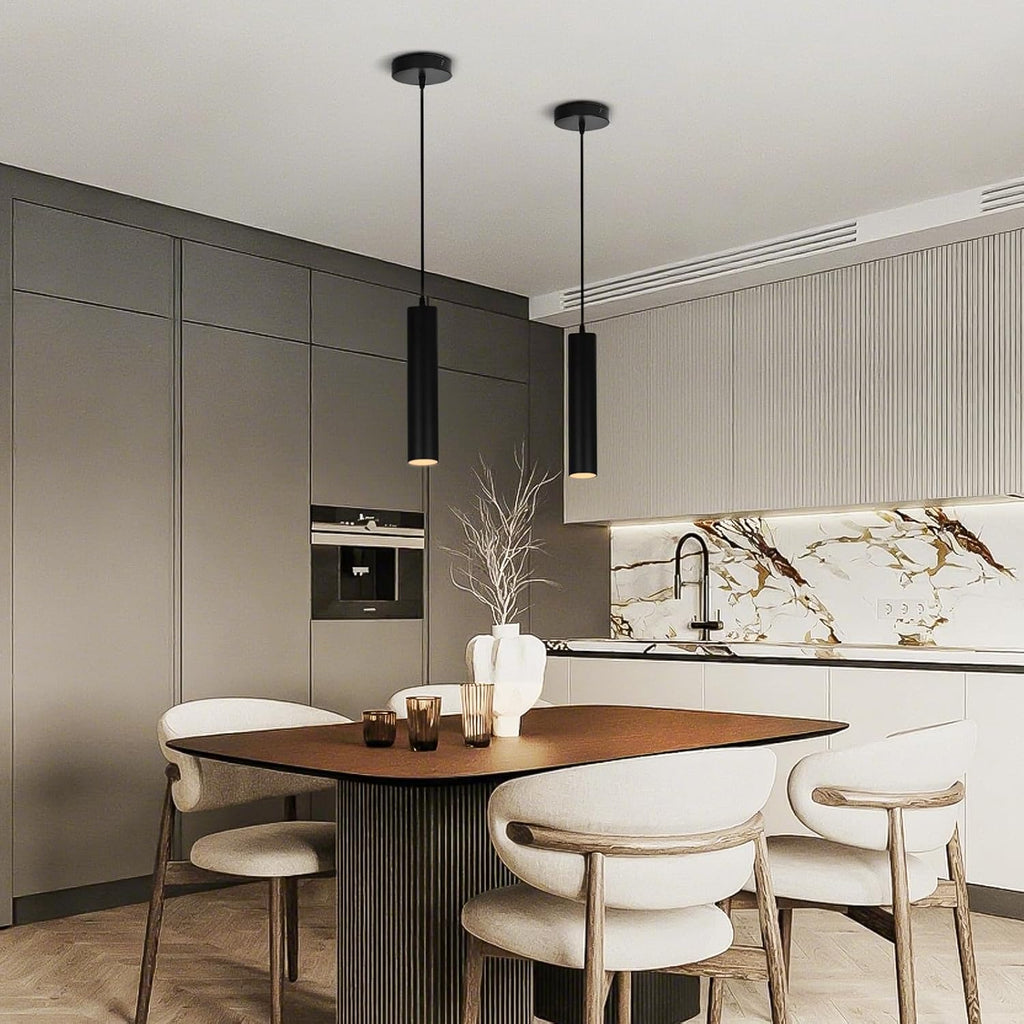 Modern Black Pendant Lights 2 Pack, LED Minimalist Pendant Lighting Fixture for Kitchen Island, Long Tube Hanging Light Cord Adjustable for Living Room Bedroom Dining Room Bar