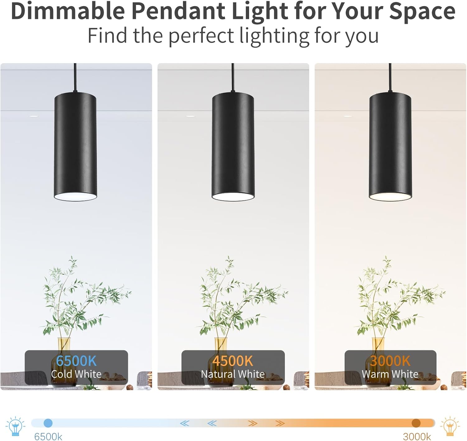 Black 4 Inch Cylinder LED Pendant Light with Dipswitch, 25W Island Hanging Lamp for Kitchen Bedroom