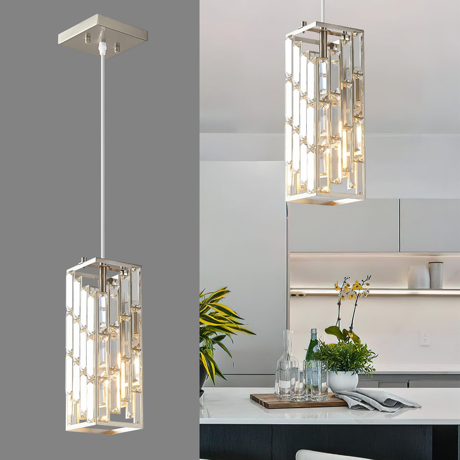 Black Pendant Lighting Modern Pendant Light, Mini Crystal Chandeliers,Adjustable Pendant Light Fixture for Kitchen Island Dinning Room Bedroom (3 Pack)