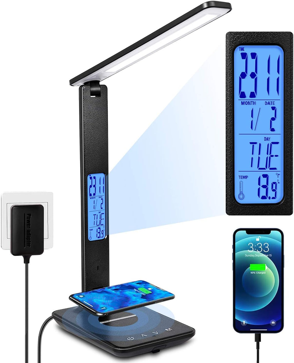 Dimmable LED Desk Lamp with Wireless & USB Charging, Clock Calendar Thermometer for Home Office