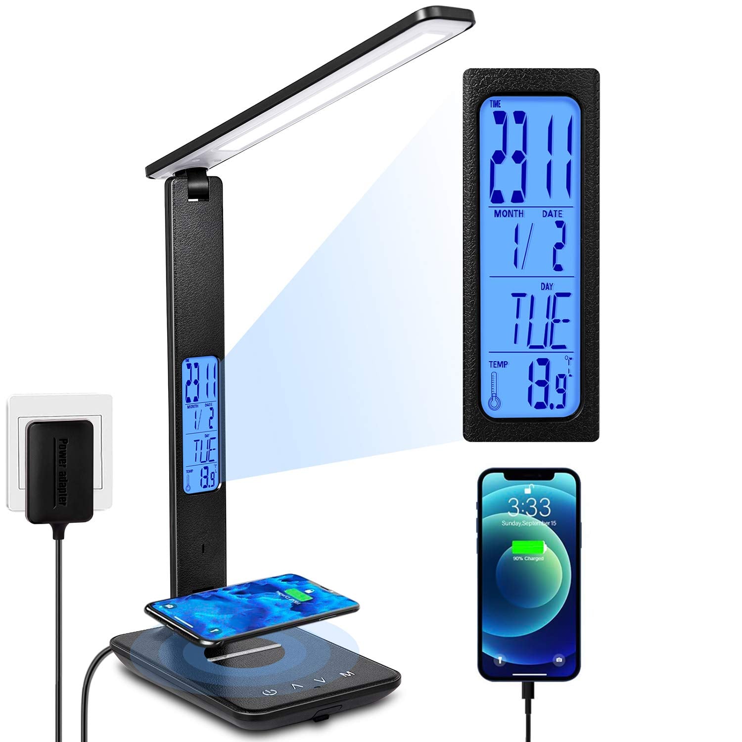 Dimmable LED Desk Lamp with Wireless & USB Charging, Clock Calendar Thermometer for Home Office