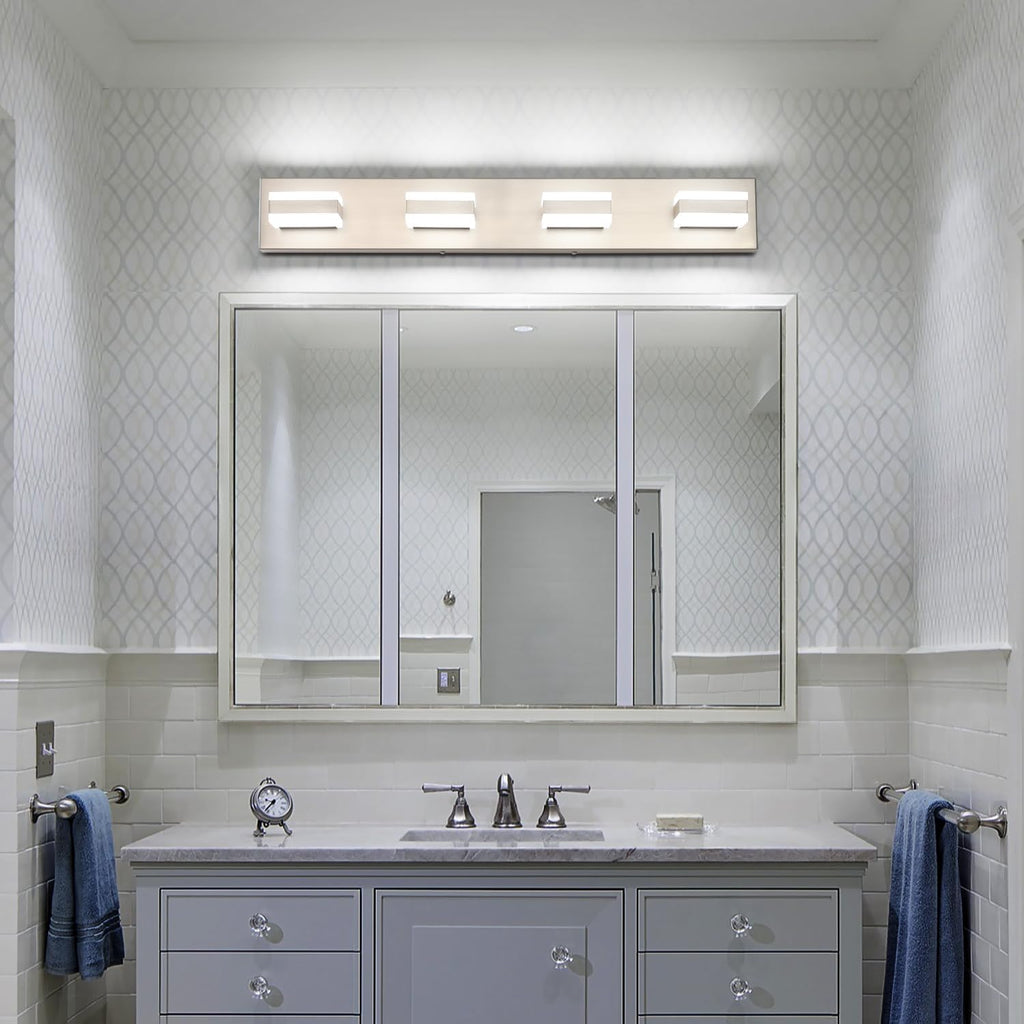 SOLFART Bathroom Vanity Lights Brushed Nickel Light Fixtures for Bathroom Above Mirror 4 Light Led Lights Bath Lighting Fixture Nickel