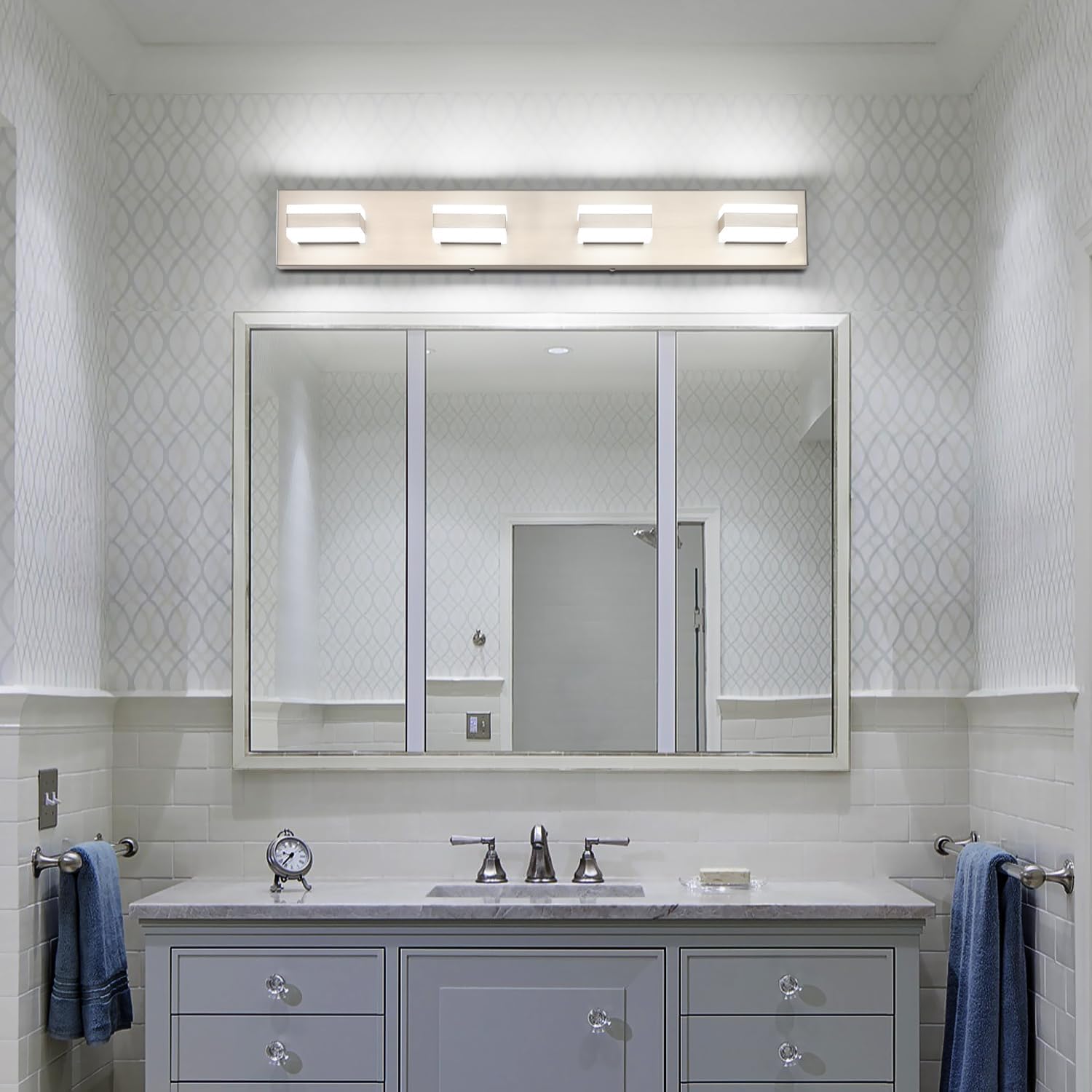 SOLFART Bathroom Vanity Lights Brushed Nickel Light Fixtures for Bathroom Above Mirror 4 Light Led Lights Bath Lighting Fixture Nickel