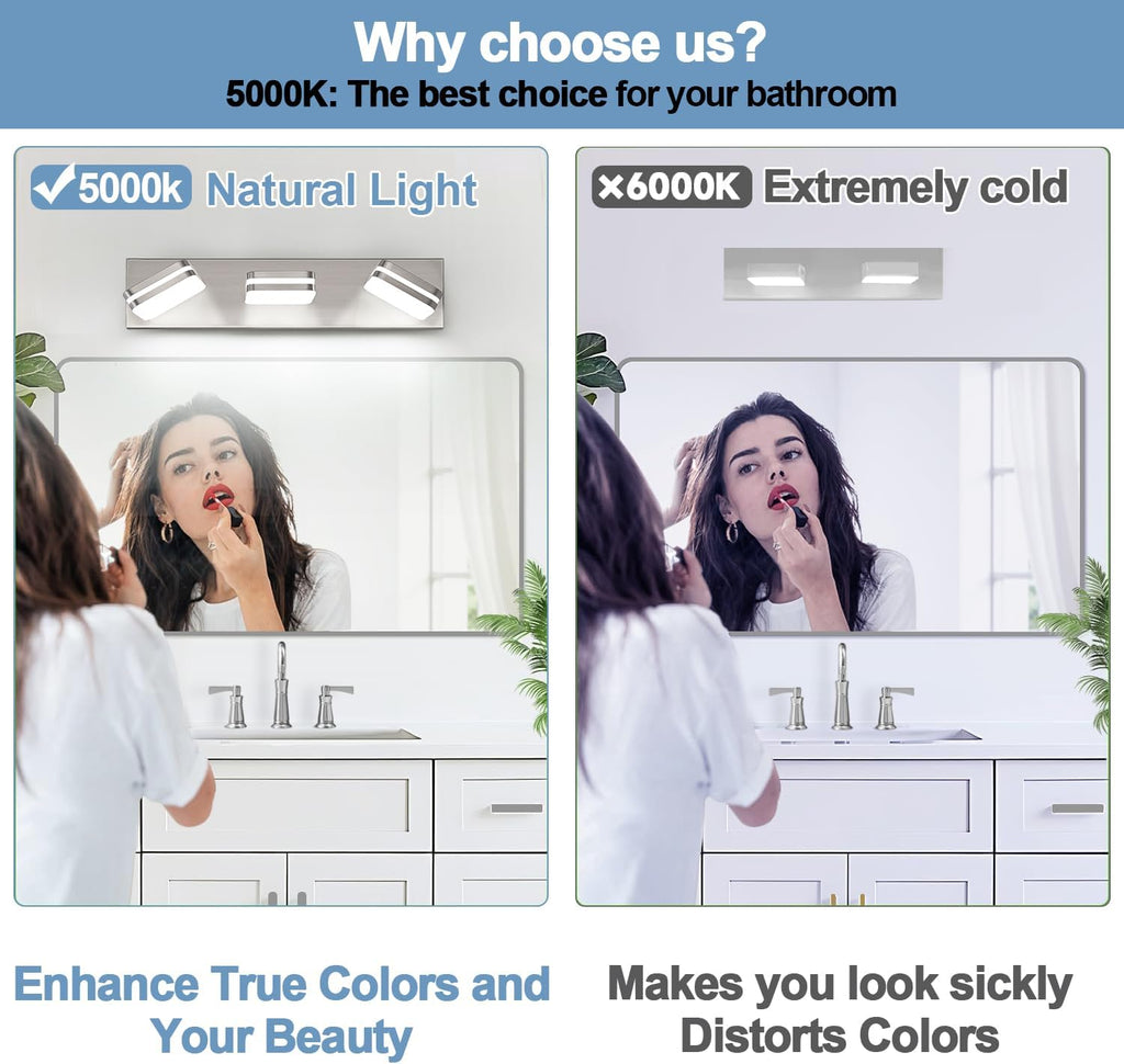 360° Rotate LED Bathroom Vanity Light Fixtures, 1300LM Acrylic Brushed Nickel Vanity Lights for Bathroom, Modern Wall Lighting Fixtures Over Mirror Kitchen Living Hallway (Natural White Light 5000K)