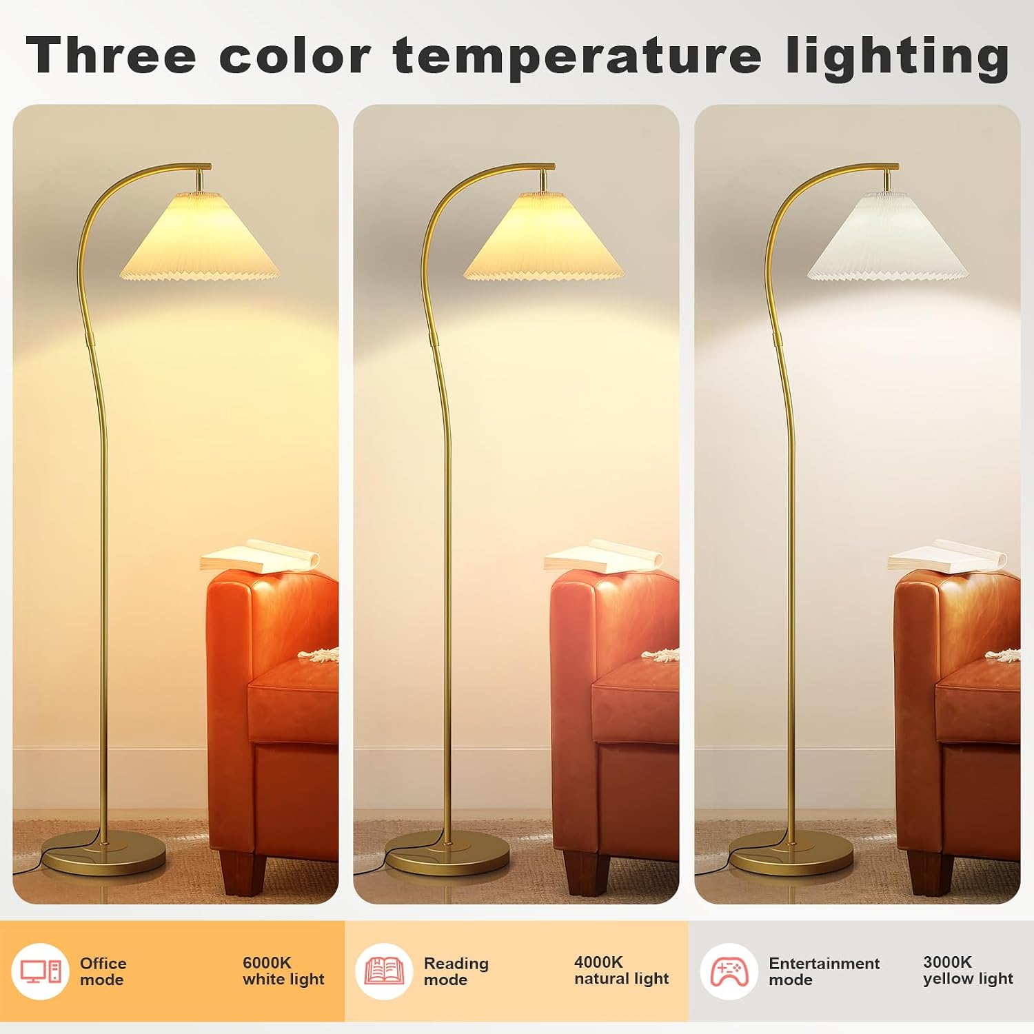 Unique Arc Floor Lamp, Bright 12W Three-Color Dimming Bulb, Wavy Pleated Lamp shade, Brass Gold Curved Standing Reading lamps Living Room Bedroom Office Library, Modern Cute Rustic Vintage Tall Lights