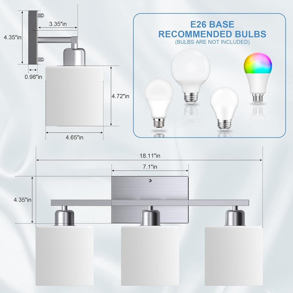Bathroom Light Fixtures Over Mirror Brushed Nickel, Rustproof 3-Light Bathroom Vanity Lights, 18 Inches Modern Wall Sconces E26 Base, Milky White Glass Shades, Bulbs Not Included