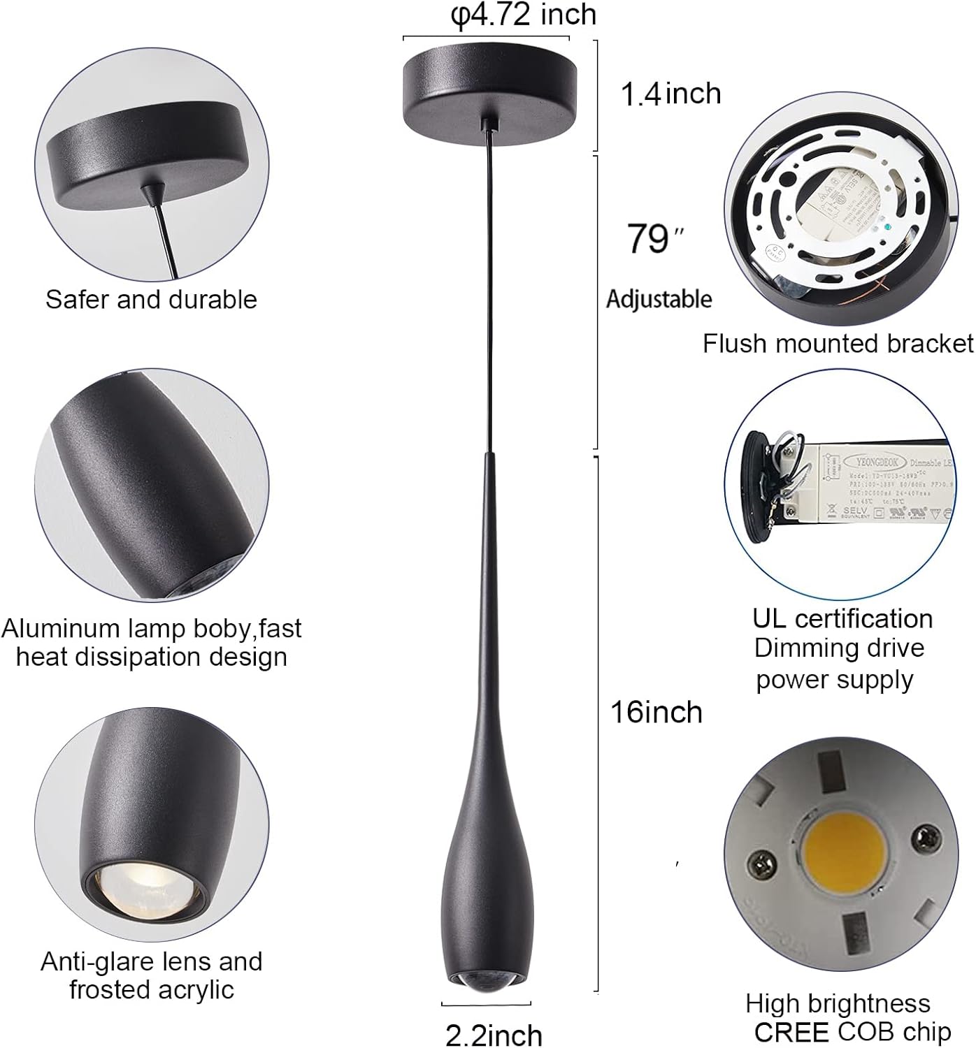 Black Pendant Light for Kitchen Island, LED Dimmable Pendant Light fixtures, Small Modern Industrial Hanging Pendant Light for Over Sink, Bar, Dining Room, Bedside（1-Pack）