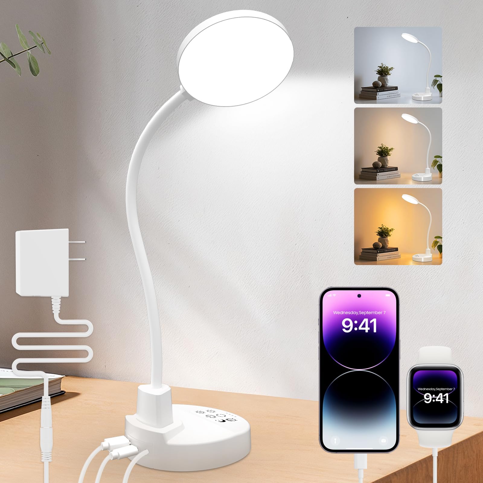 15W LED Desk Lamp with USB Charging Ports – Dimmable Table Lamp with 3 Color Temps, 5 Brightness, 4 Timers, Flexible Gooseneck Light with Base, Eye-Caring Reading Light for Home Office, Bedroom, Study