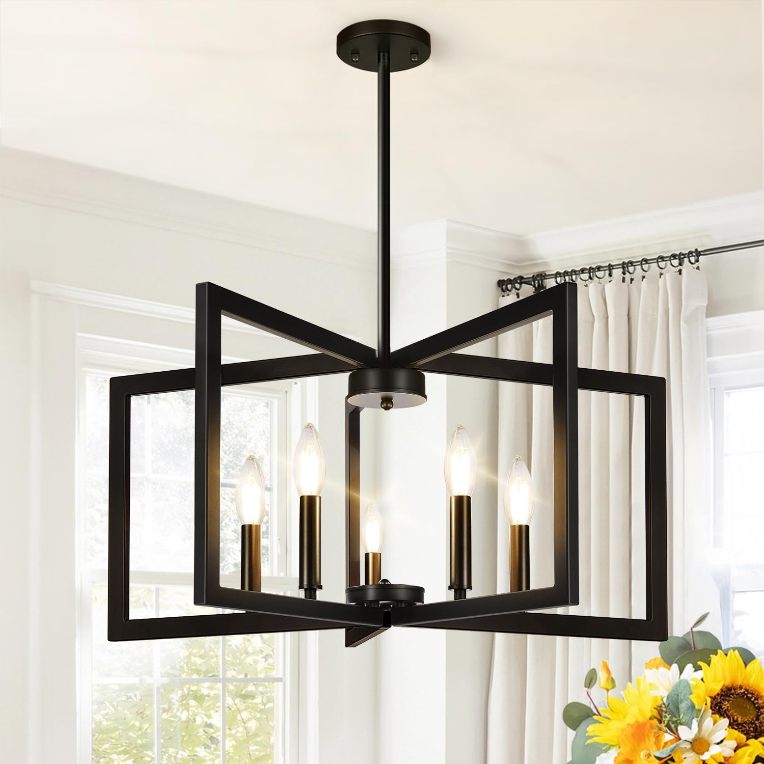 25"-61" Height Adjustable Modern Matte Black Chandelier for Dining Room, No Assembly Required Black Dining Room Light Fixture Over Table, Industrial Metal Pendant Lights Fixture for Kitchen Island