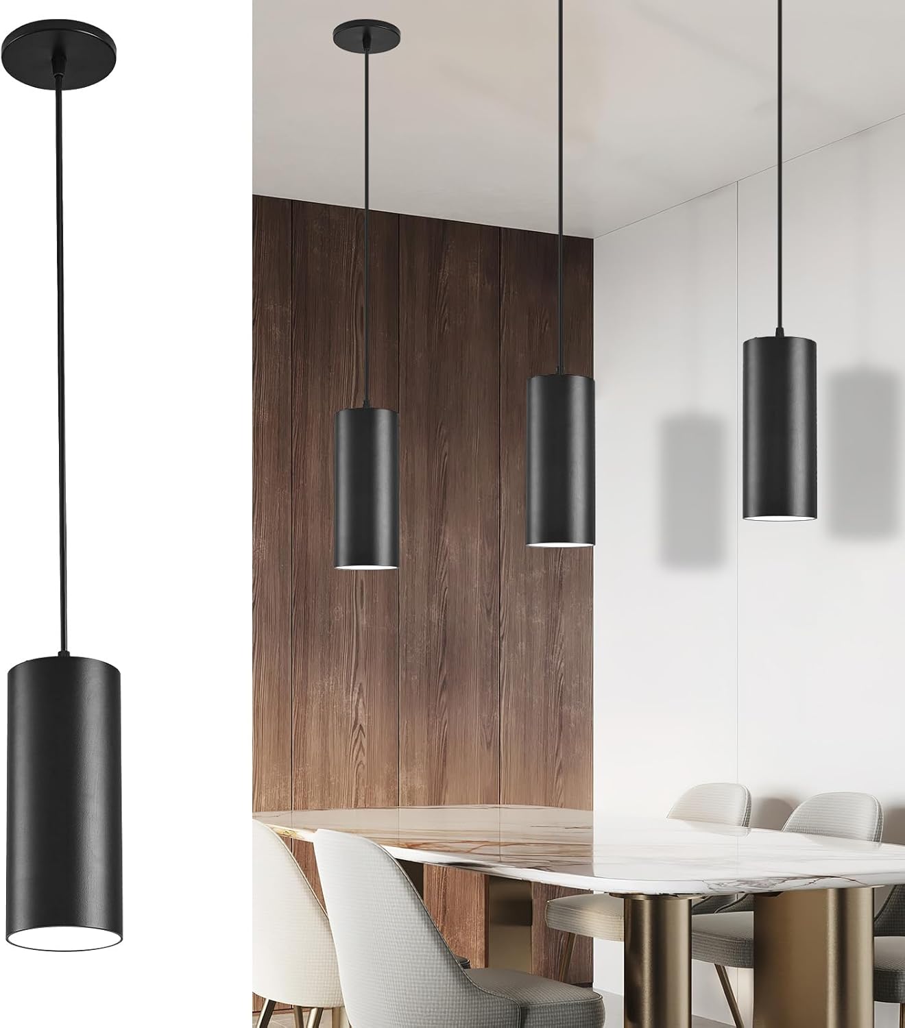Black 4 Inch Cylinder LED Pendant Light with Dipswitch, 25W Island Hanging Lamp for Kitchen Bedroom
