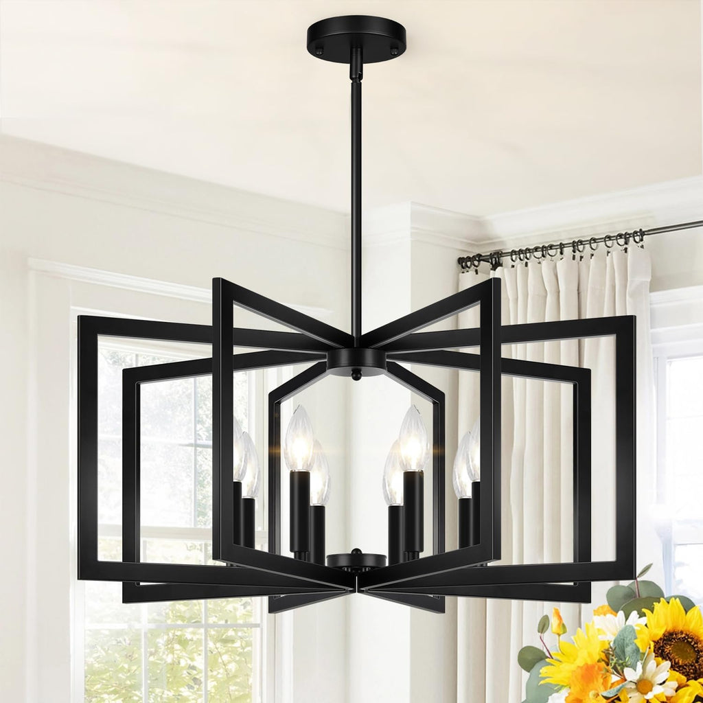 25"-61" Height Adjustable Modern Matte Black Chandelier for Dining Room, No Assembly Required Black Dining Room Light Fixture Over Table, Industrial Metal Pendant Lights Fixture for Kitchen Island