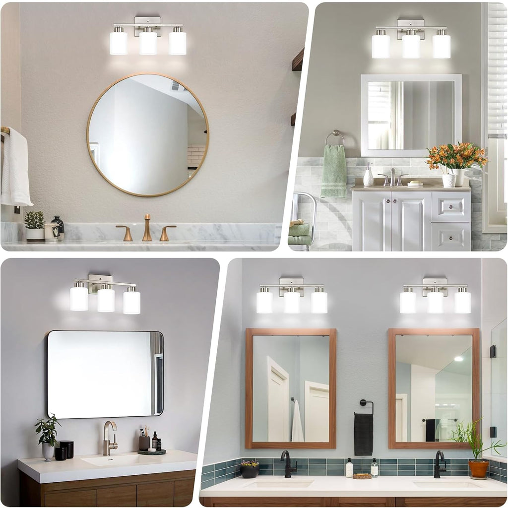 FonmYim Brushed Nickel Bathroom Light Fixtures, 3-Light Modern Vanity Light Over Mirror, Wall Sconces with Milky White Frosted Glass Shades, E26 Socket (Bulbs Not Included)