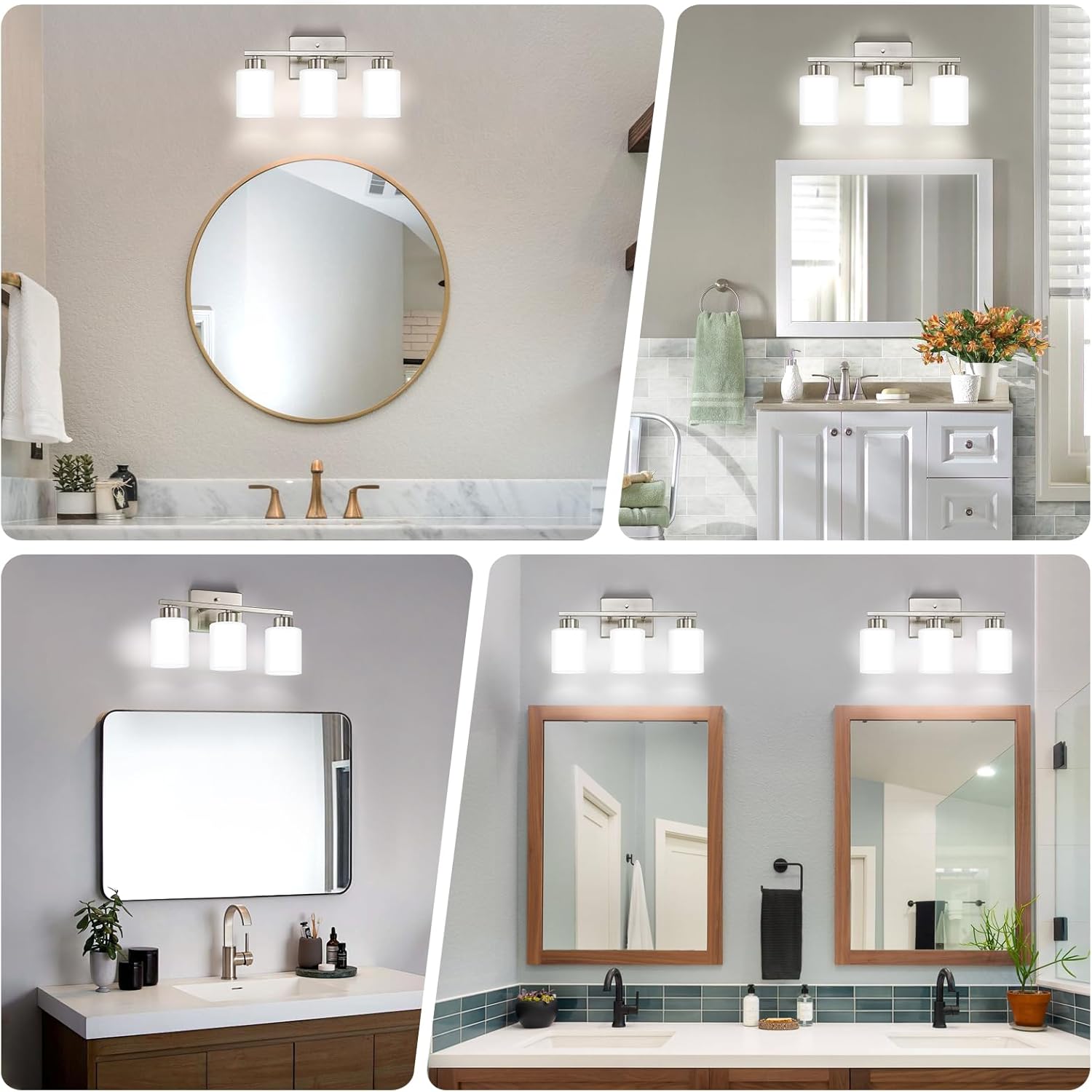 FonmYim Brushed Nickel Bathroom Light Fixtures, 3-Light Modern Vanity Light Over Mirror, Wall Sconces with Milky White Frosted Glass Shades, E26 Socket (Bulbs Not Included)