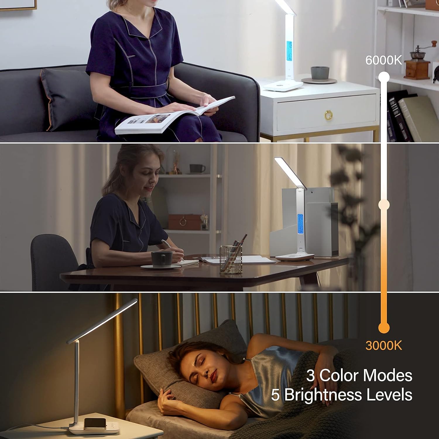 LED Desk Lamp with Wireless Charger, USB Charging Port, Table Lamp with Clock, Alarm, Date, Temperature, Desk Lamps for Home Office,Black