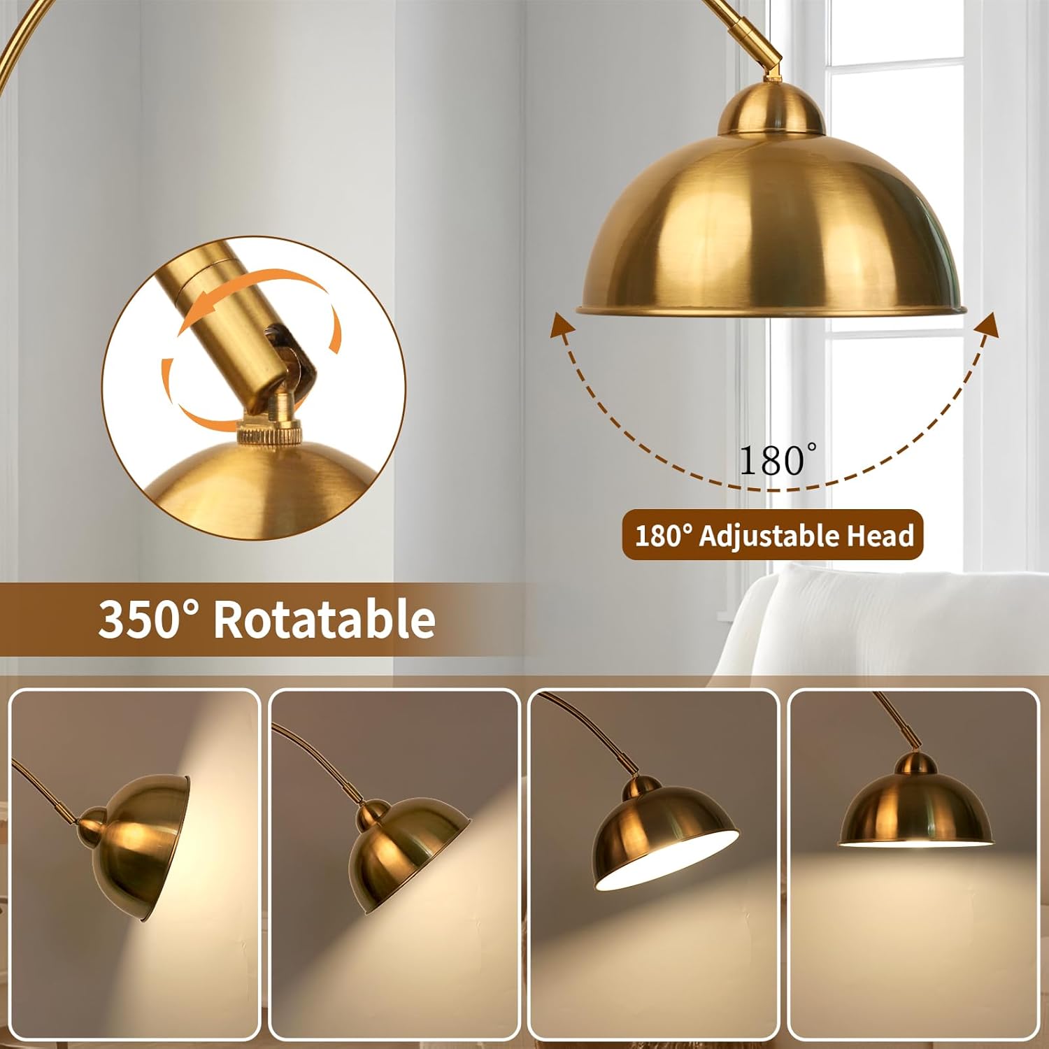 Modern Arc Floor Lamp with Remote Control 12W Stepless Dimmable Arched Standing Lamp, Adjustable Metal Hanging Shade, Tall Over the Couch Pole Light for Living Room, Bedroom, Office(Gold)