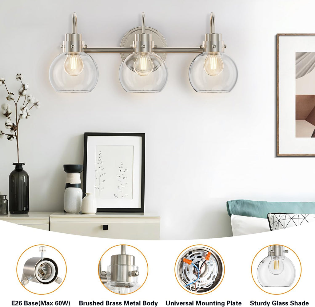 3 Lights Vanity Light, Brushed Nickel Bathroom Light Fixtures, Farmhouse Wall Sconces with Globe Clear Glass Shade, Porch Wall Mount Lamp for Mirror, Kitchen, Porch, Living Room, Workshop (E26 Base)
