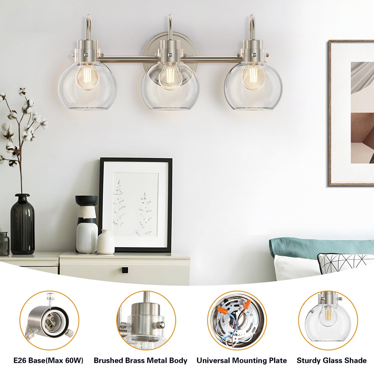 3 Lights Vanity Light, Brushed Nickel Bathroom Light Fixtures, Farmhouse Wall Sconces with Globe Clear Glass Shade, Porch Wall Mount Lamp for Mirror, Kitchen, Porch, Living Room, Workshop (E26 Base)