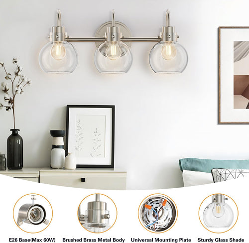 3 Lights Vanity Light, Brushed Nickel Bathroom Light Fixtures, Farmhouse Wall Sconces with Globe Clear Glass Shade, Porch Wall Mount Lamp for Mirror, Kitchen, Porch, Living Room, Workshop (E26 Base)