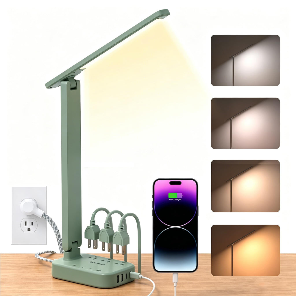 One Beat Small LED Desk Lamp Power Strip 5ft Extension Cord with 3 Outlets 4 USB Ports(2 USB C), 4 Modes, 5 Level Touch Lamp Study Reading Light, Home Office Bedroom College Dorm Room Essentials,White