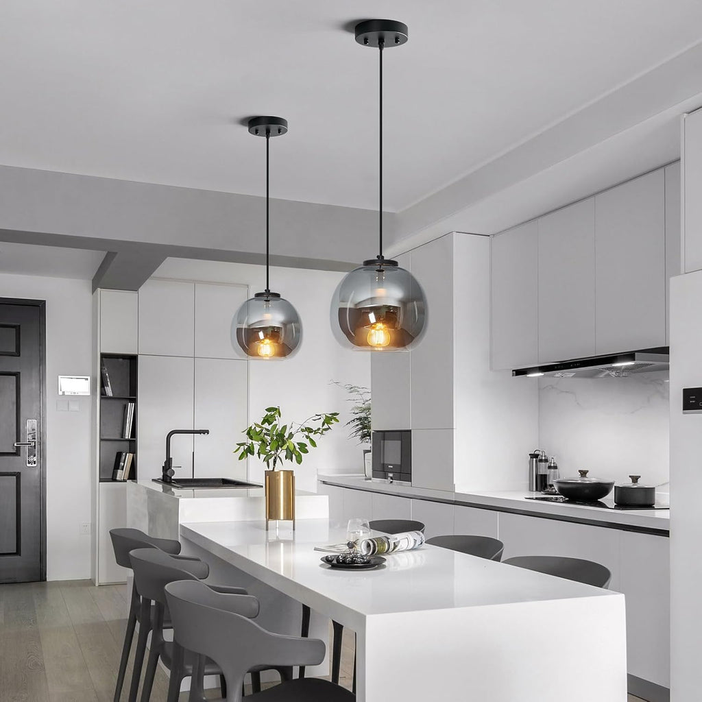 Mirror Smoke Gray Glass Pendant Lights Kitchen Island 2 Pack 7.87" Glass Globe Pendant Light Black Hanging Light Fixture Modern Pendant Lighting for Kitchen Island Bedroom Dining Room