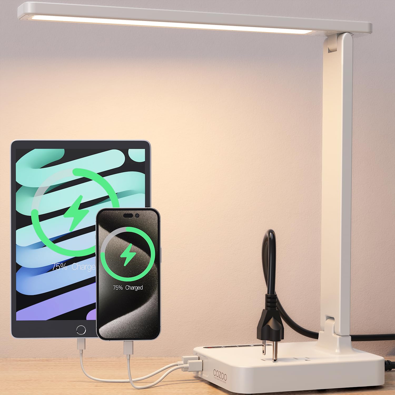cozoo Desk Lamps for Home Office,Modern LED Desk Lamp for Dorm with 2 USB Charging Ports/Type C Port,2 AC Outlets,3 Lighting Mode,3 Level Brightness,Touch Control/Timer/Eye-Caring Foldable Table Lamp