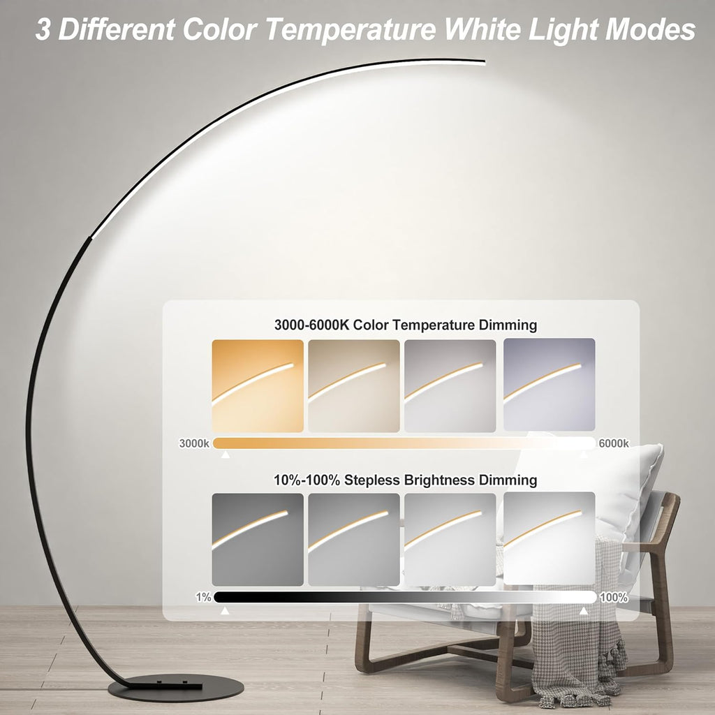 E.P. Light RGBW Modern 69.99 inch Arched Standing Reading Floor Lamp with Remote - Dimmable Black Led Color Changing Curved Ambient Lighting for Bedroom and Living Room