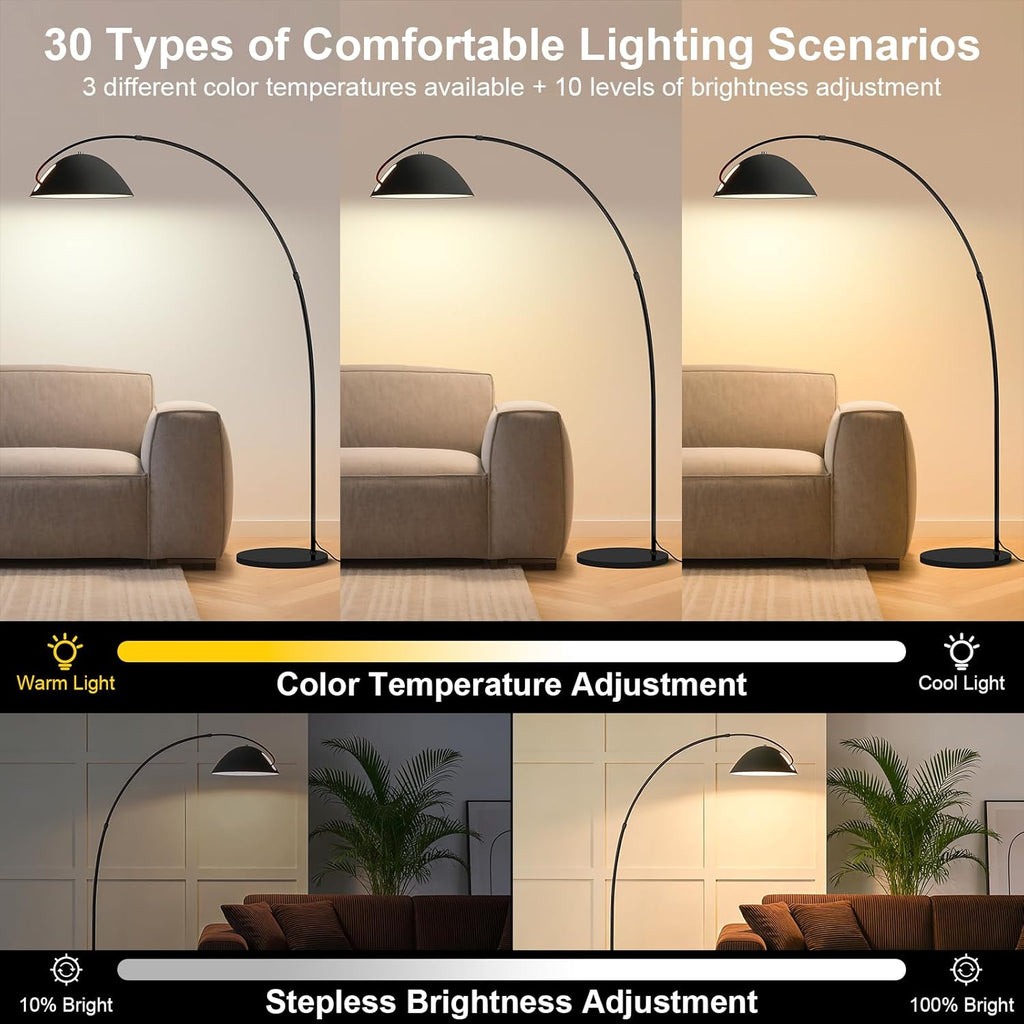72" Black Dimmable LED Arc Floor Lamp with Remote & Foot Switch, 20W Adjustable Over Sofa Standing Lamp