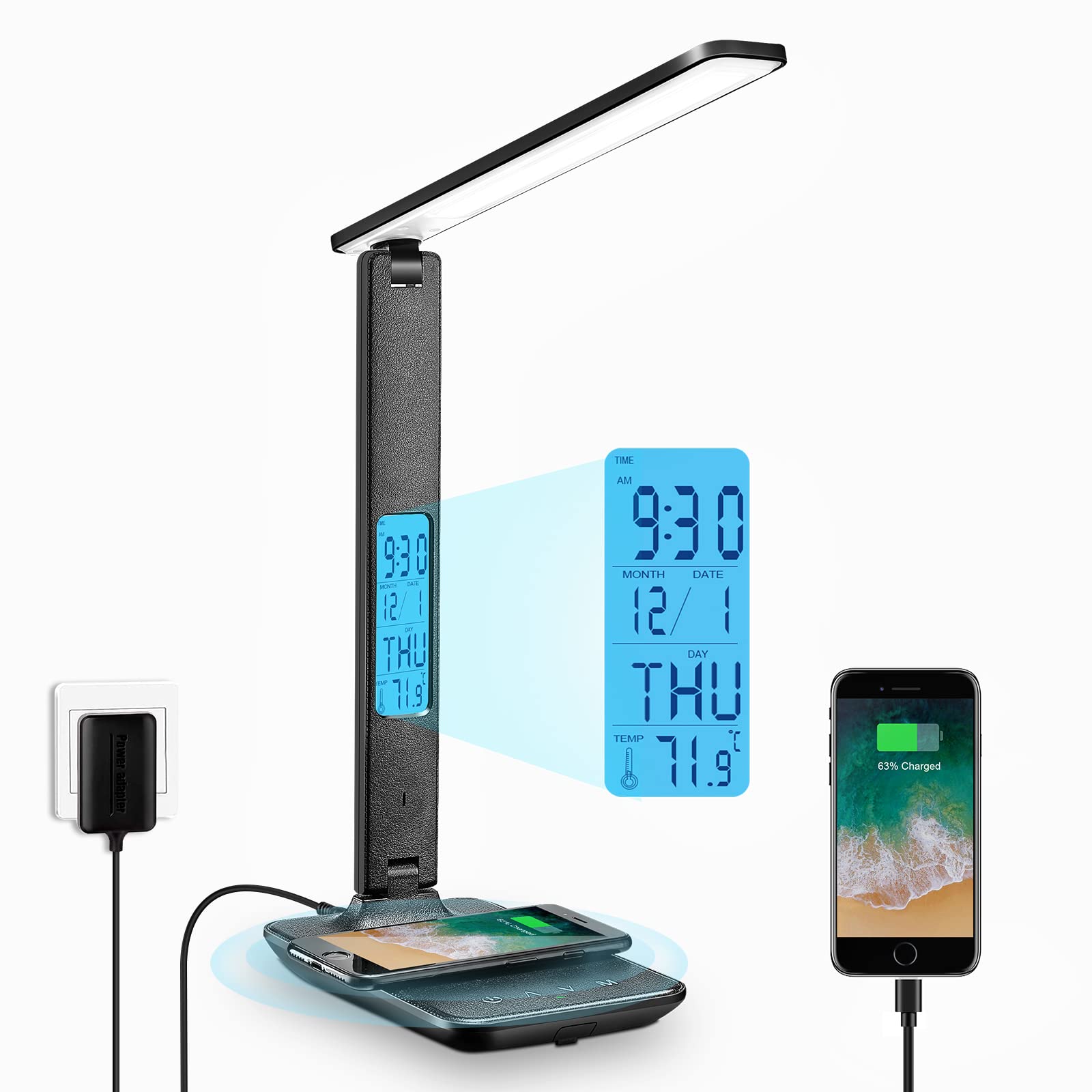 LAOPAO LED Desk Lamp with Wireless Charger: Desk Lamps for Home Office Bedroom, 5 Color Modes & Brightness Dimmable, 2 Night Light