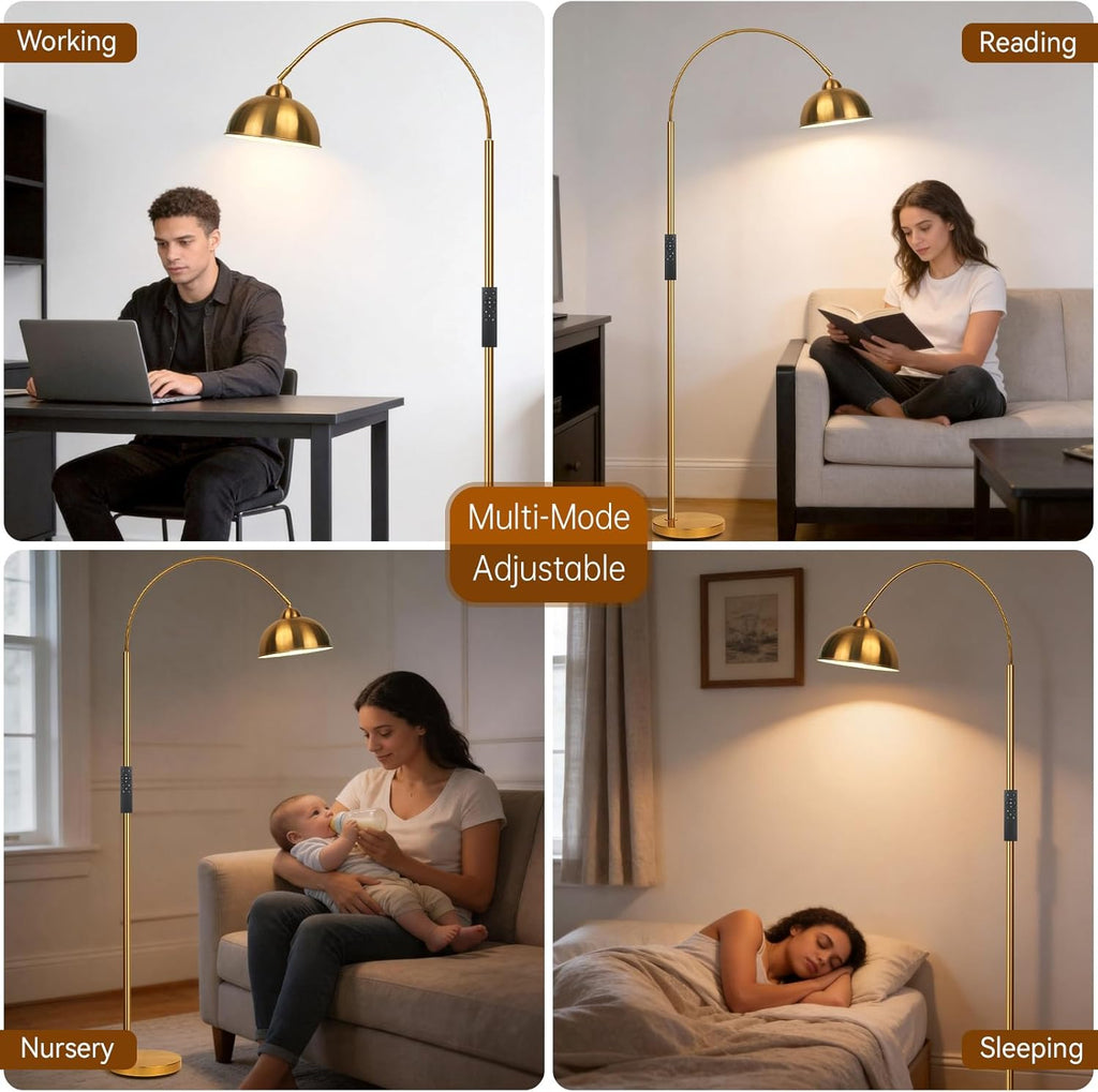 Modern Arc Floor Lamp with Remote Control 12W Stepless Dimmable Arched Standing Lamp, Adjustable Metal Hanging Shade, Tall Over the Couch Pole Light for Living Room, Bedroom, Office(Gold)