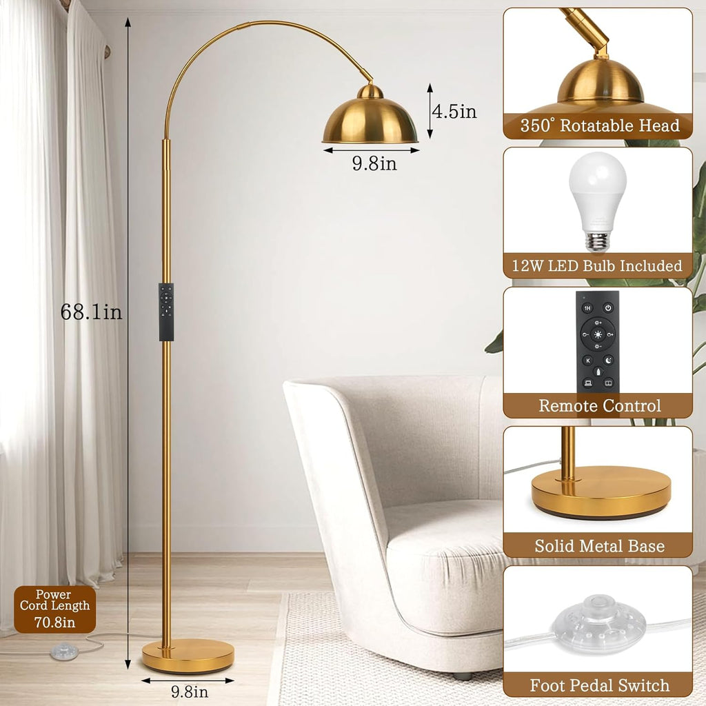 Modern Arc Floor Lamp with Remote Control 12W Stepless Dimmable Arched Standing Lamp, Adjustable Metal Hanging Shade, Tall Over the Couch Pole Light for Living Room, Bedroom, Office(Gold)