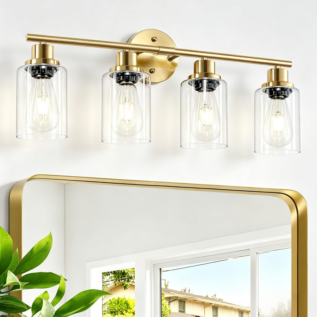 4-Light Brushed Nickel Vanity Lights for Mirror, Bathroom Light Fixtures with Textured Milky White Glass Shade, Modern Kitchen Light Fixtures Wall Sconce Light - E26 Base