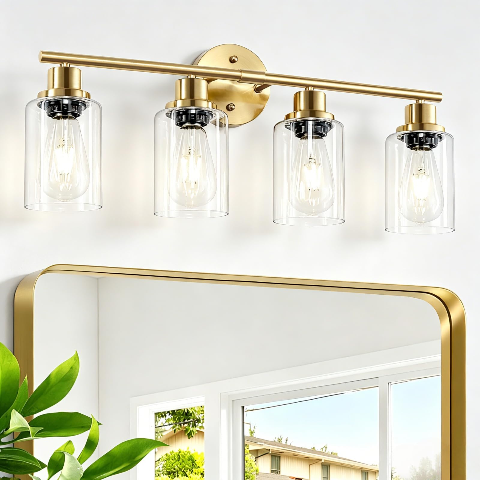4-Light Brushed Nickel Vanity Lights for Mirror, Bathroom Light Fixtures with Textured Milky White Glass Shade, Modern Kitchen Light Fixtures Wall Sconce Light - E26 Base