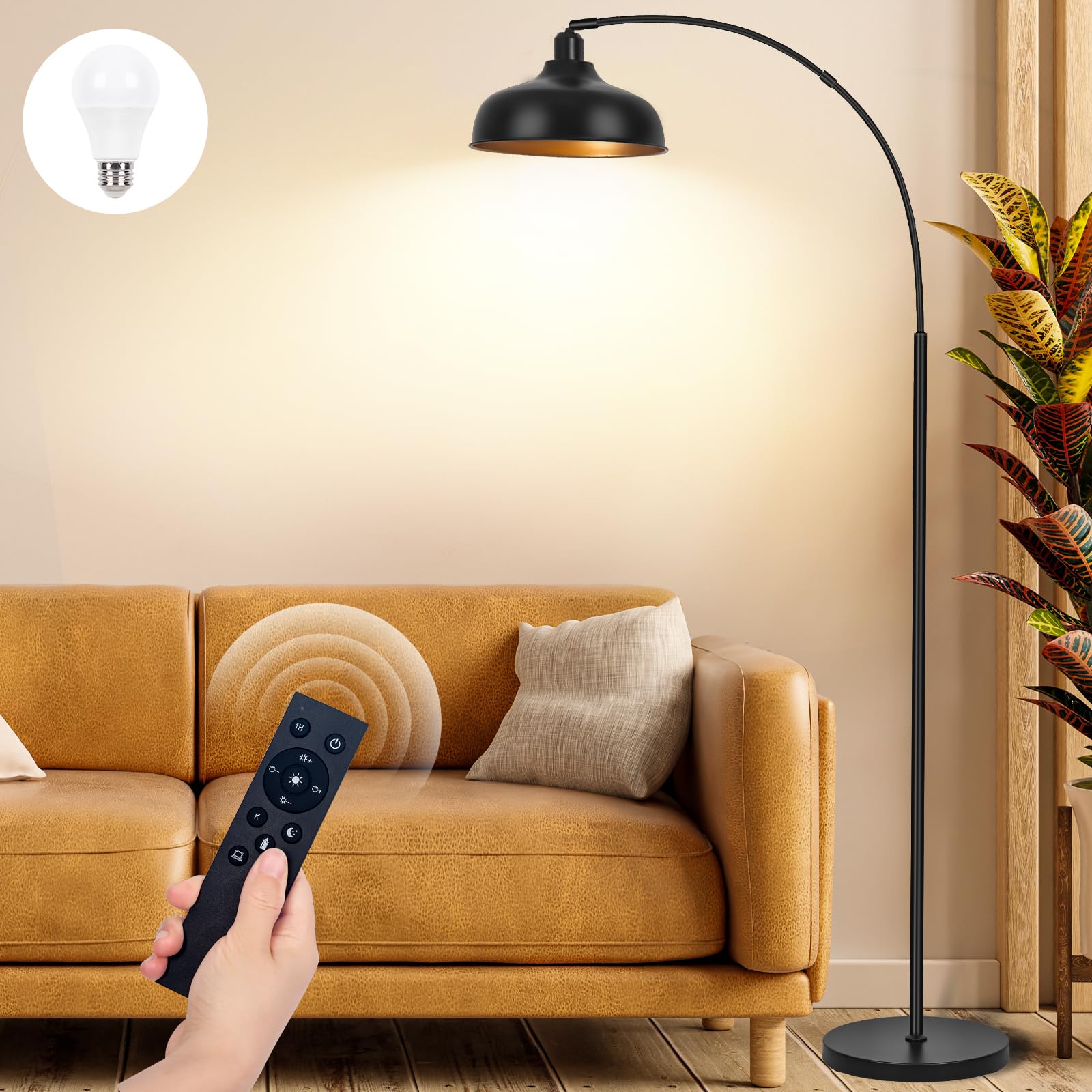 Arc Floor Lamps Bronze, Standing Lamps for Living Room with Remote Control, Foot Switch, Metal Shade, Arched Floor Lamp with Stepless Dimmable LED Bulb, Brown Floor Reading Tall Lamp for Bedroom