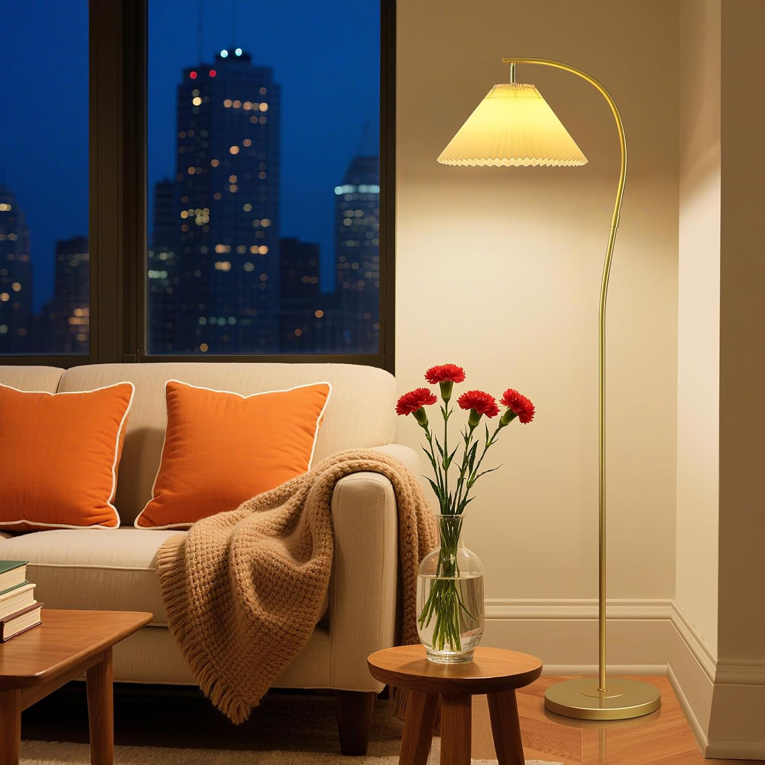Unique Arc Floor Lamp, Bright 12W Three-Color Dimming Bulb, Wavy Pleated Lamp shade, Brass Gold Curved Standing Reading lamps Living Room Bedroom Office Library, Modern Cute Rustic Vintage Tall Lights