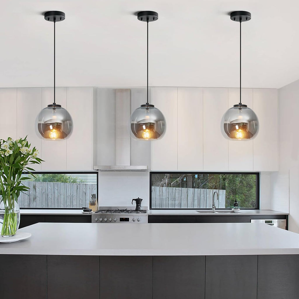Mirror Smoke Gray Glass Pendant Lights Kitchen Island 2 Pack 7.87" Glass Globe Pendant Light Black Hanging Light Fixture Modern Pendant Lighting for Kitchen Island Bedroom Dining Room