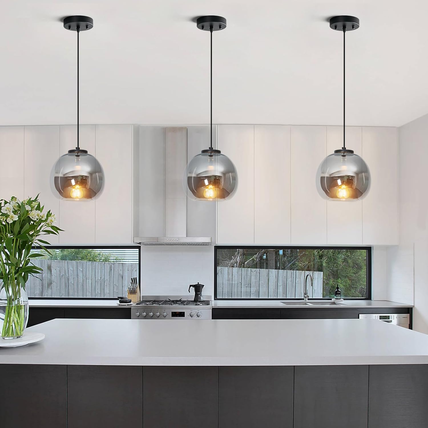 Mirror Smoke Gray Glass Pendant Lights Kitchen Island 2 Pack 7.87" Glass Globe Pendant Light Black Hanging Light Fixture Modern Pendant Lighting for Kitchen Island Bedroom Dining Room