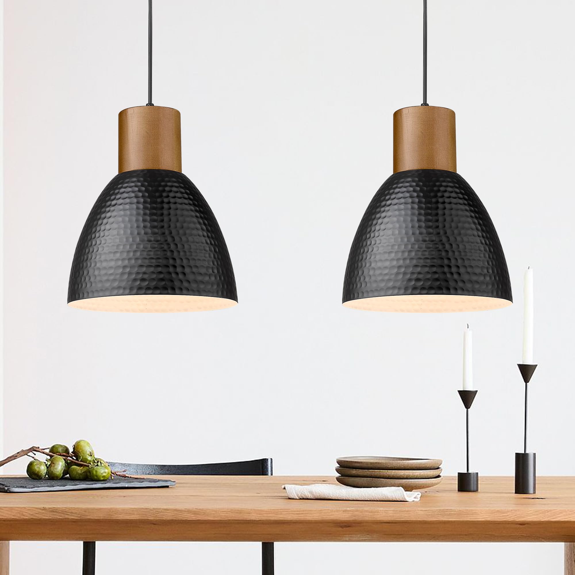 ELYONA 2 Pack Hammered Pendant Lights, 10.2” Industrial Metal Solid Wood Hanging Lamp, Modern Island Pendant Light Fixtures for Kitchen Bar, Farmhouse Dining Room, Bedroom, Living Room, Office, Black