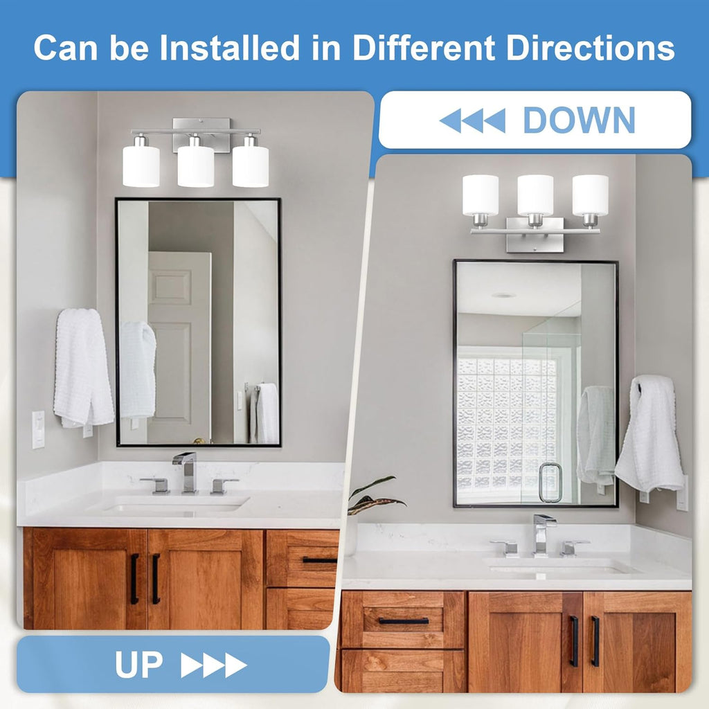 Bathroom Light Fixtures Over Mirror Brushed Nickel, Rustproof 3-Light Bathroom Vanity Lights, 18 Inches Modern Wall Sconces E26 Base, Milky White Glass Shades, Bulbs Not Included