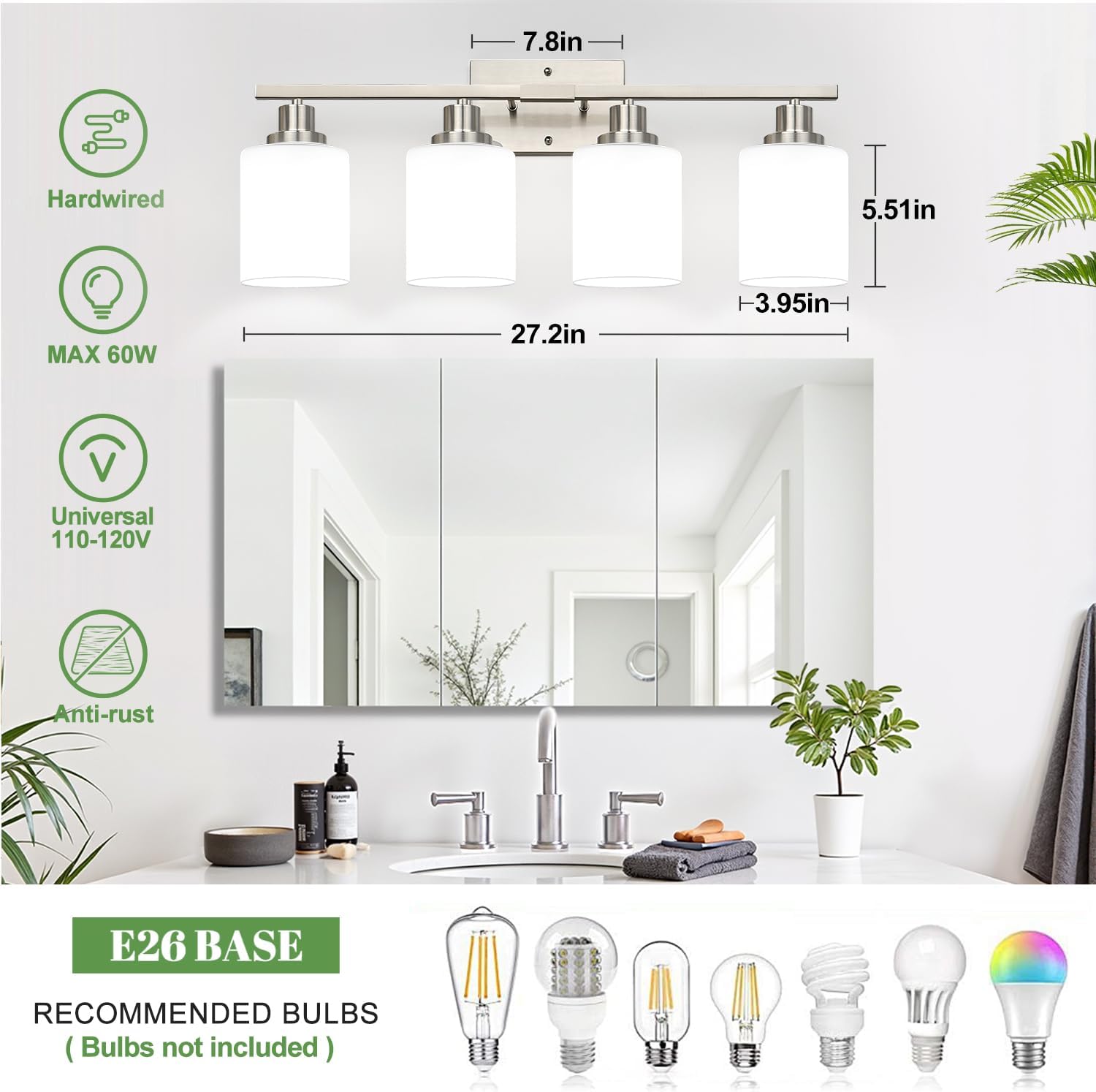 MOKATNG 4-Light Vanity Light with Milky White Shades, Brushed Nickel Bathroom Lighting Fixtures Over Mirror, Modern Bathroom Wall Lamp for Mirror Living Room Cabinet Bedroom