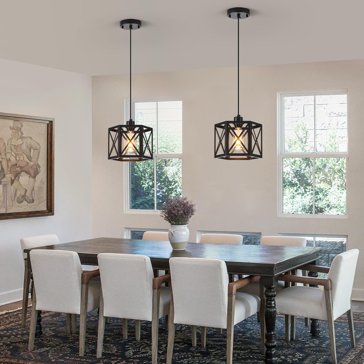 XSDeTu 2 Pack Farmhouse Pendant Lights, Modern Black Hanging Light Fixture with Hexagonal Cage, Industrial Metal Ceiling Lights, Adjustable Lantern Pendant Lighting for Kitchen Island Sink Hallway
