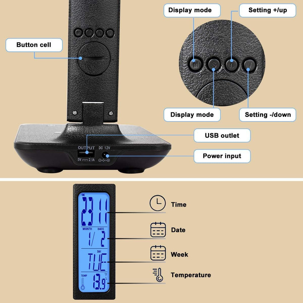 Dimmable LED Desk Lamp with Wireless & USB Charging, Clock Calendar Thermometer for Home Office