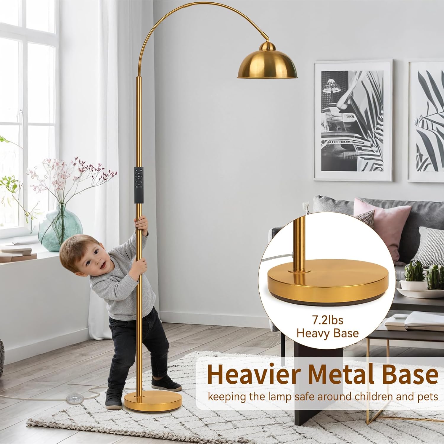 Modern Arc Floor Lamp with Remote Control 12W Stepless Dimmable Arched Standing Lamp, Adjustable Metal Hanging Shade, Tall Over the Couch Pole Light for Living Room, Bedroom, Office(Gold)