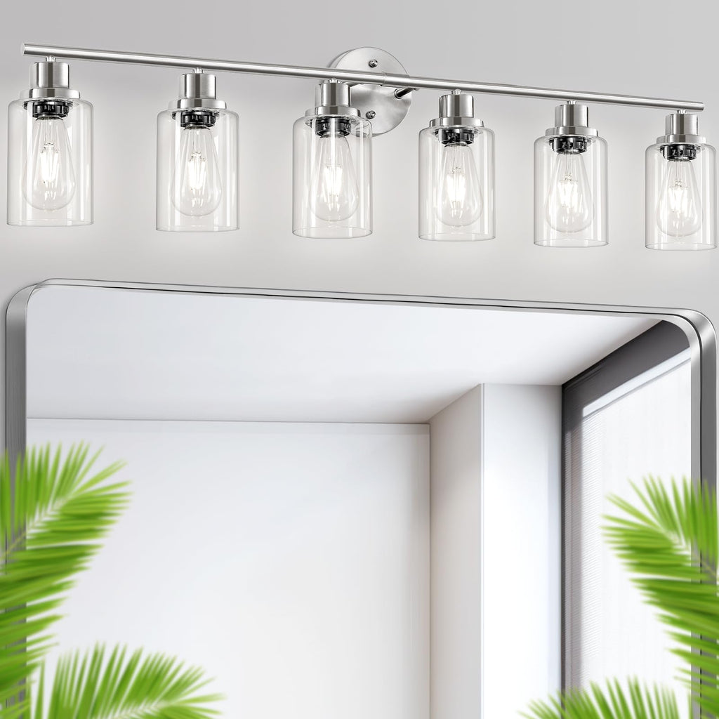 4-Light Brushed Nickel Vanity Lights for Mirror, Bathroom Light Fixtures with Textured Milky White Glass Shade, Modern Kitchen Light Fixtures Wall Sconce Light - E26 Base