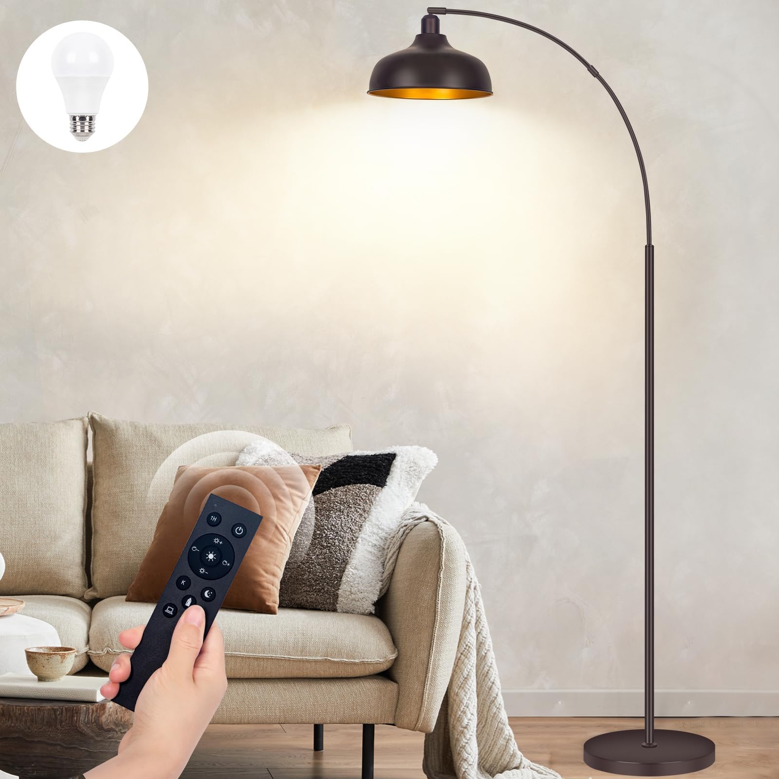 Arch Floor Lamps with Remote - Dimmable Floor Lamp 70”, Black Tall Lamp with 360° Adjustable Hanging Metal Shade, Arc Lamps Floor Standing with 9W Bulb, Over Couch Lamps for Living Room, Foot Switch