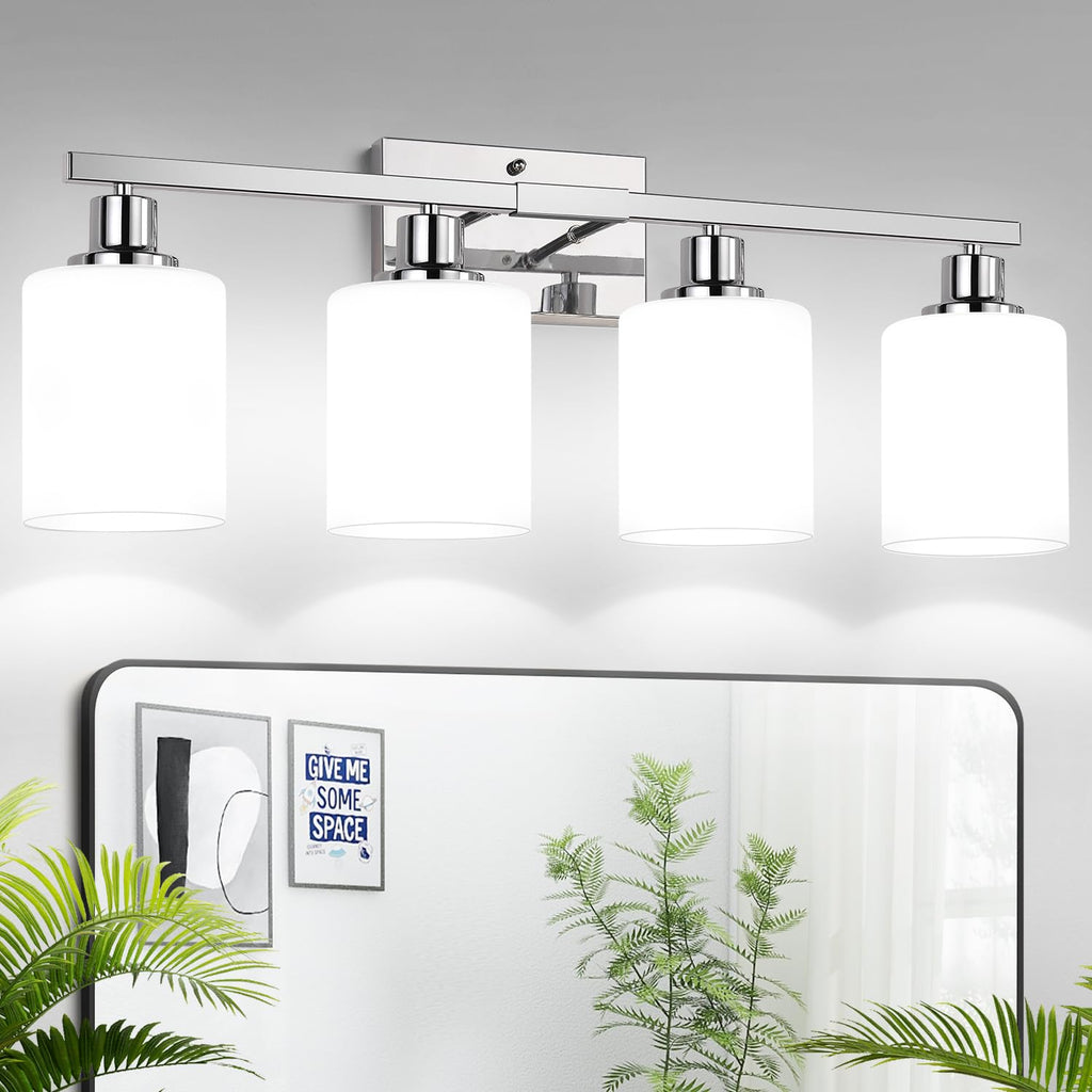 MOKATNG 4-Light Vanity Light with Milky White Shades, Brushed Nickel Bathroom Lighting Fixtures Over Mirror, Modern Bathroom Wall Lamp for Mirror Living Room Cabinet Bedroom