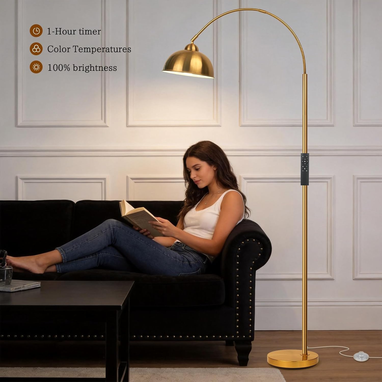 Modern Arc Floor Lamp with Remote Control 12W Stepless Dimmable Arched Standing Lamp, Adjustable Metal Hanging Shade, Tall Over the Couch Pole Light for Living Room, Bedroom, Office(Gold)
